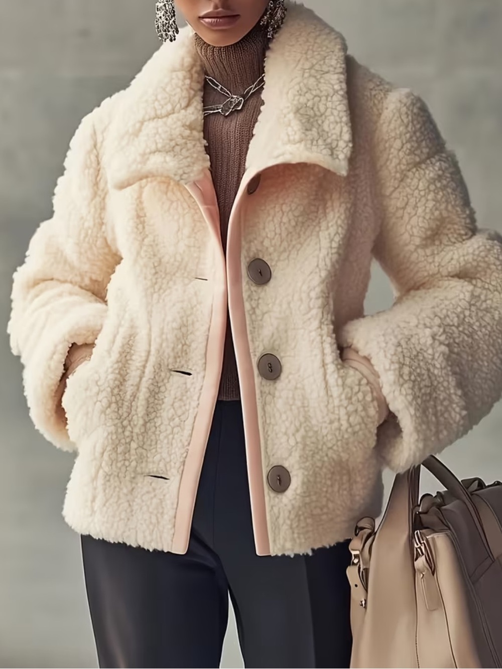 Women's Cream-colored Faux Shearling Jacket with Pink Accents and Pockets